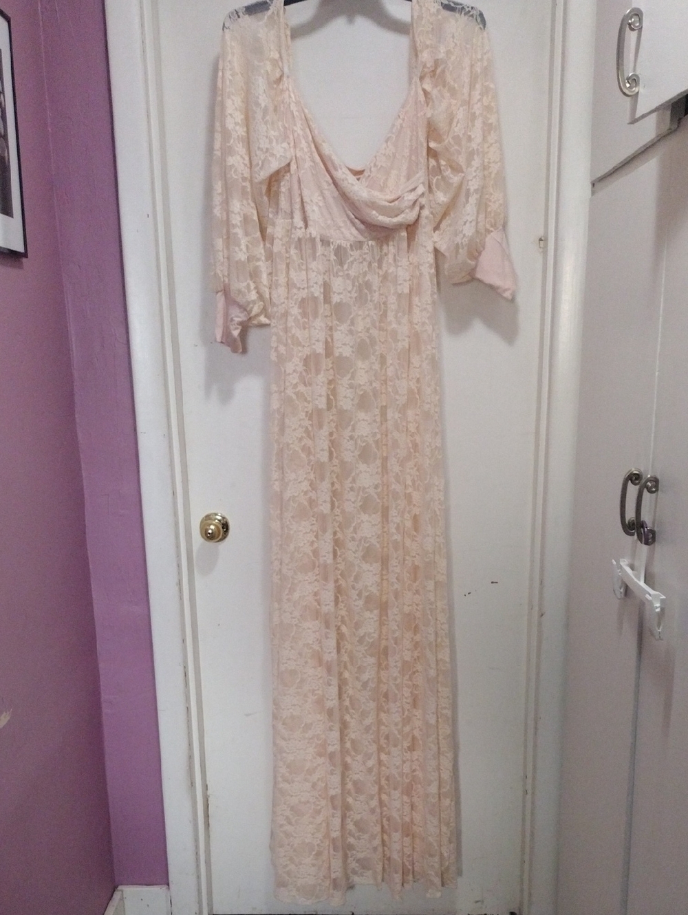 Elegant Lace Fairy Cottagecore Maxi Dress in Peach XL